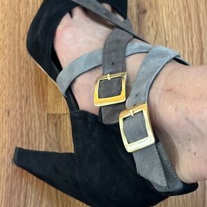 Loeffler Randall Black and Gray Strappy Heels